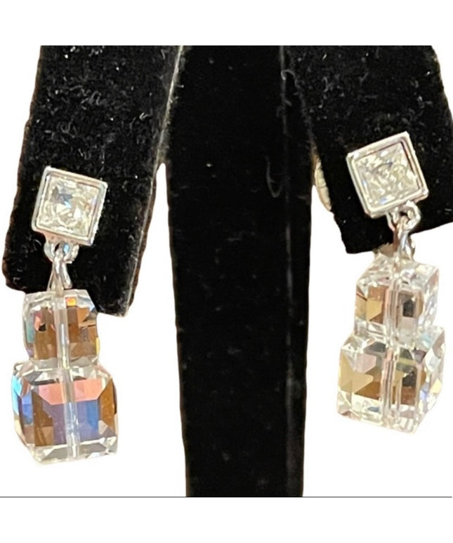 Stunning cubed Swarovski authentic silver finish dangle earrings clip on