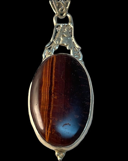 Tiger eye large ornate fancy pendant silver finish