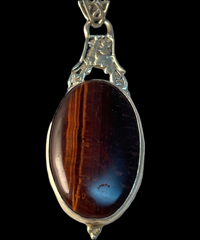 Tiger eye large ornate fancy pendant silver finish