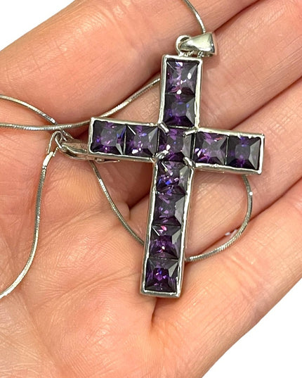 💗 Sterling silver purple crystal amethyst LG Cross necklace rope