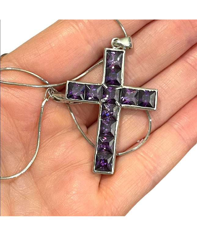 💗 Sterling silver purple crystal amethyst LG Cross necklace rope