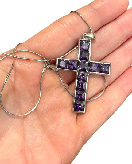 💗 Sterling silver purple crystal amethyst LG Cross necklace rope