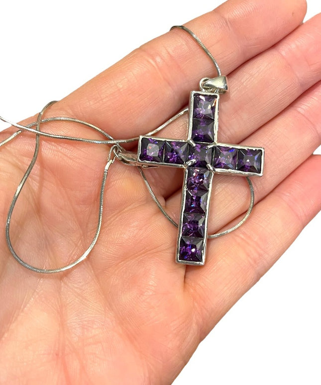 💗 Sterling silver purple crystal amethyst LG Cross necklace rope