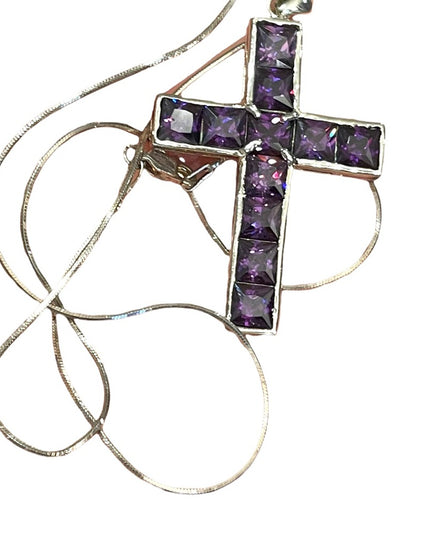 💗 Sterling silver purple crystal amethyst LG Cross necklace rope