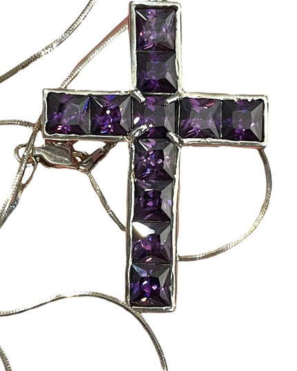 💗 Sterling silver purple crystal amethyst LG Cross necklace rope