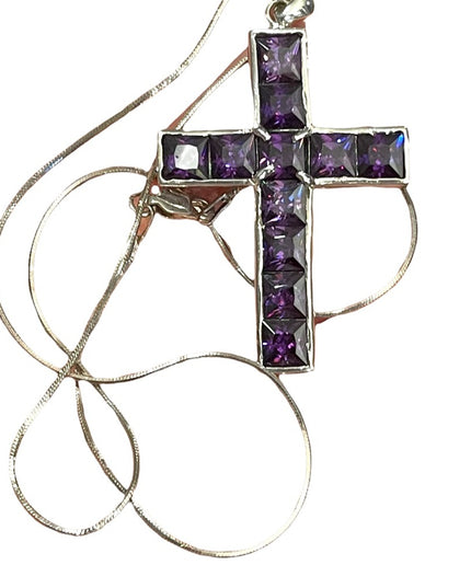 💗 Sterling silver purple crystal amethyst LG Cross necklace rope