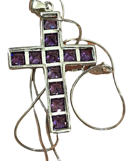 💗 Sterling silver purple crystal amethyst LG Cross necklace rope
