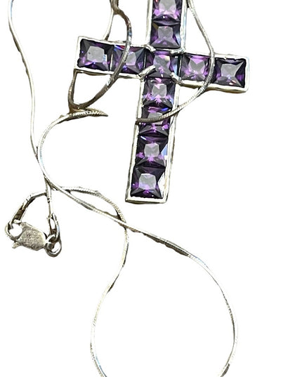 💗 Sterling silver purple crystal amethyst LG Cross necklace rope