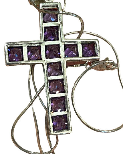 💗 Sterling silver purple crystal amethyst LG Cross necklace rope