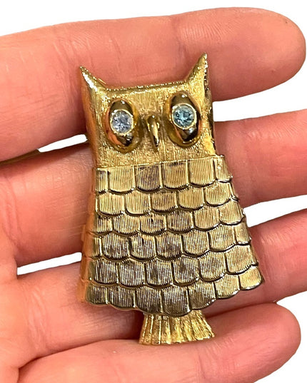 Vintage Owl gold finish perfume poison brooch blue crystal eyes