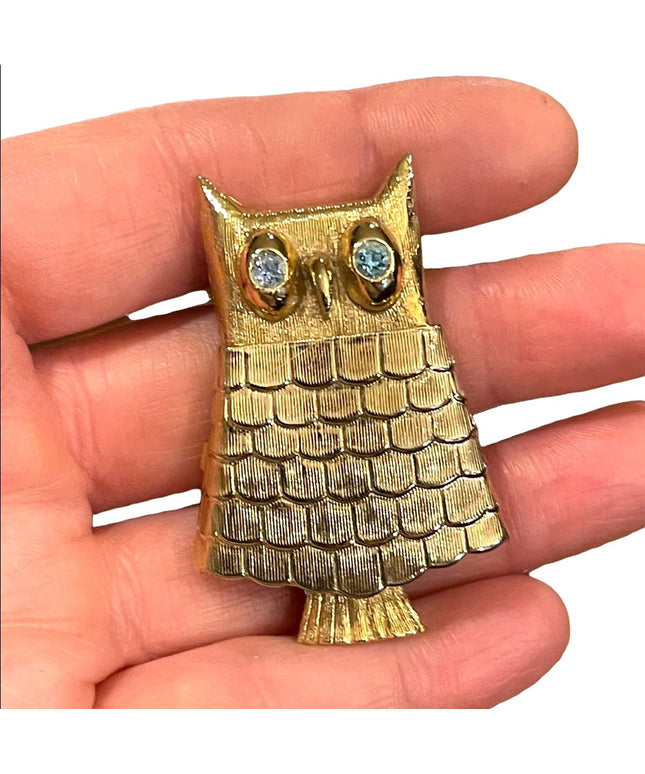 Vintage Owl gold finish perfume poison brooch blue crystal eyes