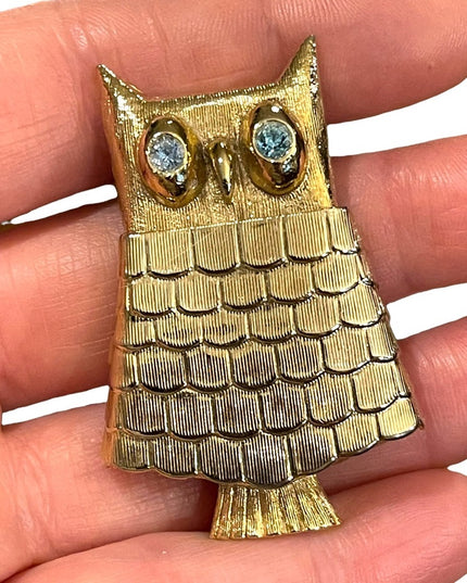 Vintage Owl gold finish perfume poison brooch blue crystal eyes