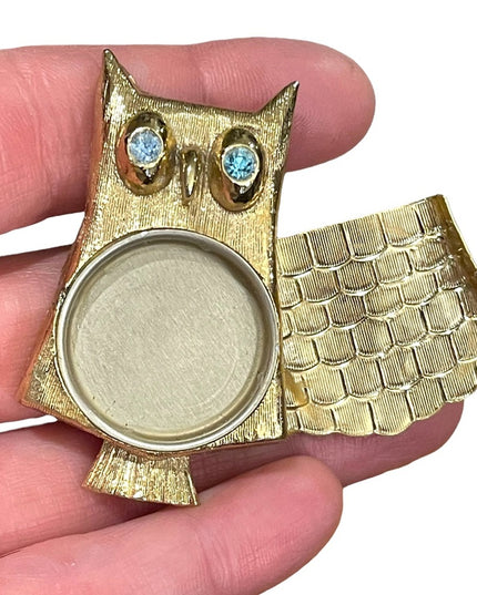 Vintage Owl gold finish perfume poison brooch blue crystal eyes