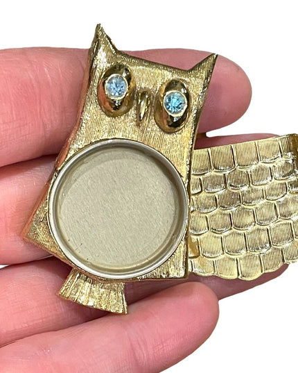 Vintage Owl gold finish perfume poison brooch blue crystal eyes