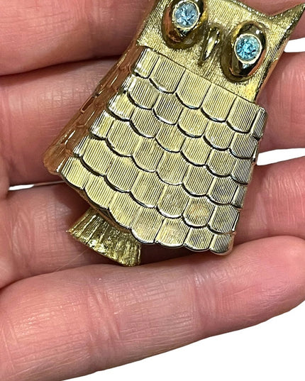 Vintage Owl gold finish perfume poison brooch blue crystal eyes