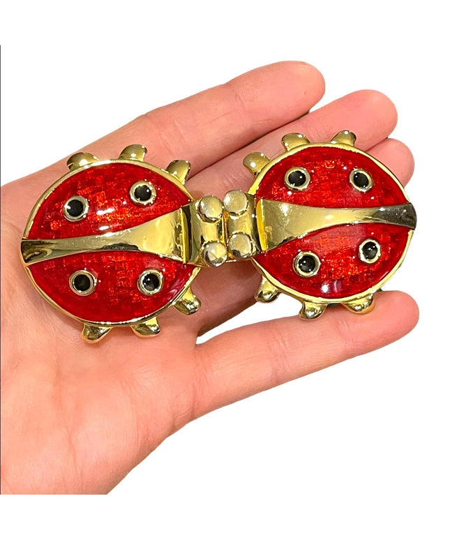 Vintage 1980s Chunky Large Enameled  Lady bug belt buckle gold finish