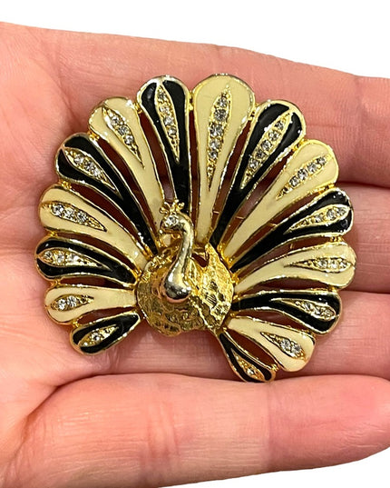 Vintage 1980s Crystal enameled peacock gold finish crystal rhinestone brooch