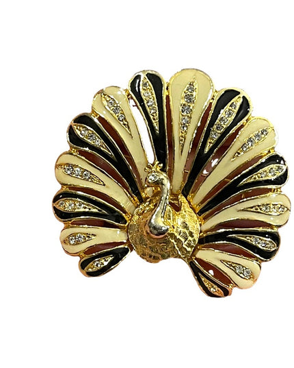 Vintage 1980s Crystal enameled peacock gold finish crystal rhinestone brooch