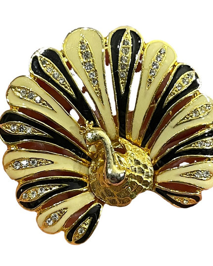 Vintage 1980s Crystal enameled peacock gold finish crystal rhinestone brooch