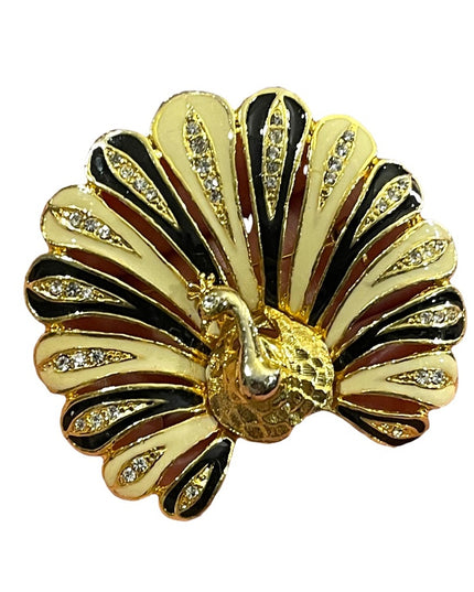 Vintage 1980s Crystal enameled peacock gold finish crystal rhinestone brooch