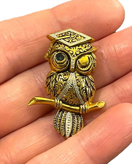 Vintage Damascene Gold finish Owl fancy brooch Spain