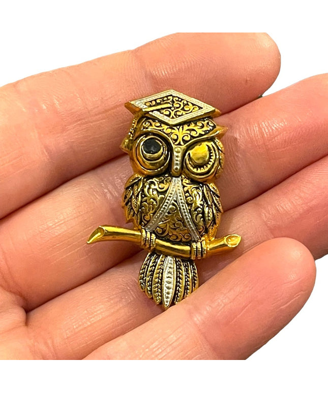 Vintage Damascene Gold finish Owl fancy brooch Spain
