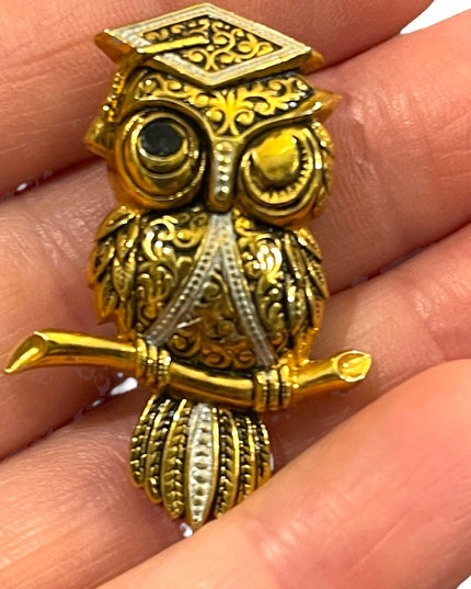 Vintage Damascene Gold finish Owl fancy brooch Spain