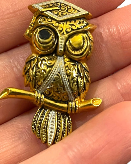 Vintage Damascene Gold finish Owl fancy brooch Spain
