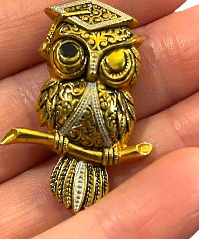 Vintage Damascene Gold finish Owl fancy brooch Spain