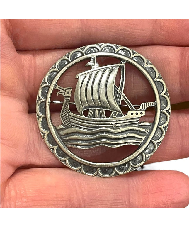 Vintage silver Nordic ship sail brooch nautical Scandanavian ship