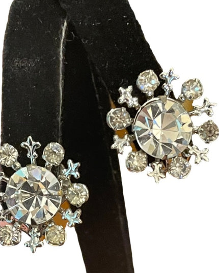 Vintage crystal flower silver finish 1960s round clip on earrings