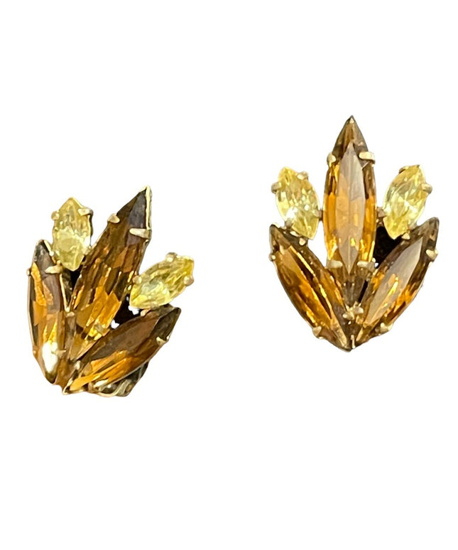Vintage 1960s amber color gold finish crystal clip on leaf earrings