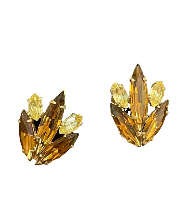 Vintage 1960s amber color gold finish crystal clip on leaf earrings