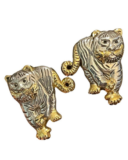 Vintage gold & silver finish lion tiger pierced earrings