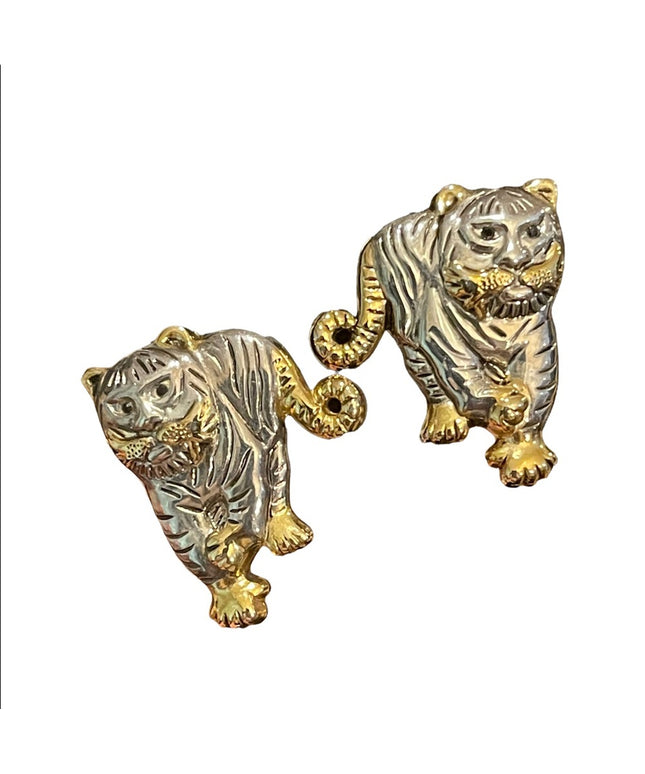 Vintage gold & silver finish lion tiger pierced earrings