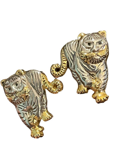 Vintage gold & silver finish lion tiger pierced earrings