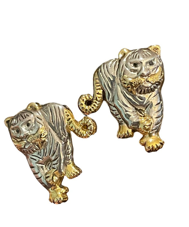 Vintage gold & silver finish lion tiger pierced earrings