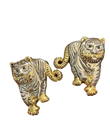 Vintage gold & silver finish lion tiger pierced earrings