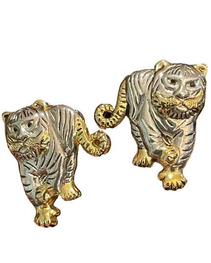 Vintage gold & silver finish lion tiger pierced earrings
