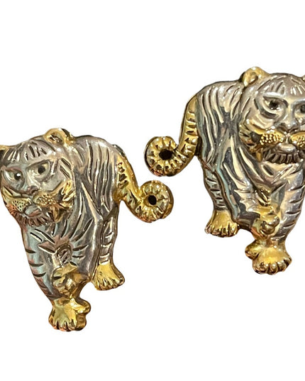 Vintage gold & silver finish lion tiger pierced earrings