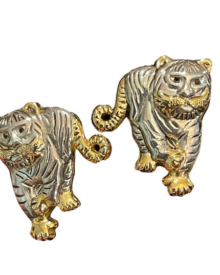 Vintage gold & silver finish lion tiger pierced earrings