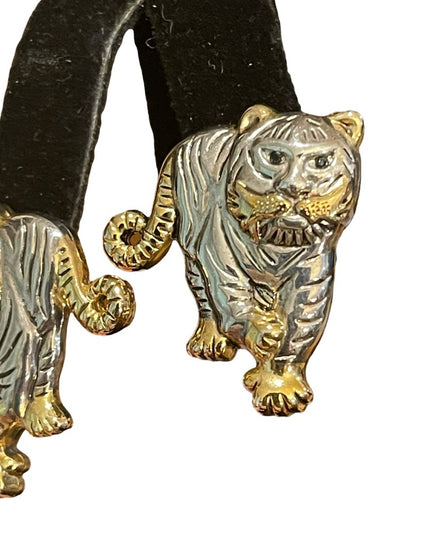 Vintage gold & silver finish lion tiger pierced earrings