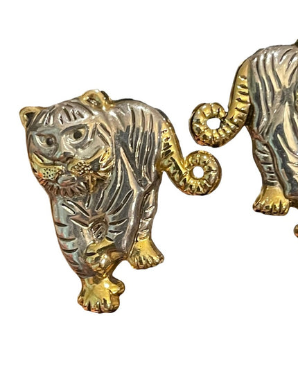 Vintage gold & silver finish lion tiger pierced earrings