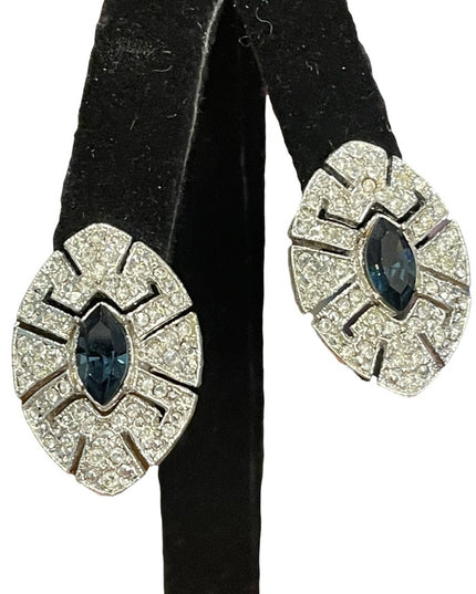 Vintage clear & blue crystal tear drop fancy party earrings