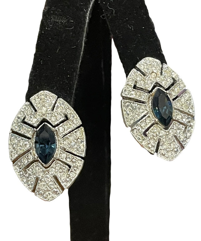 Vintage clear & blue crystal tear drop fancy party earrings