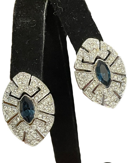 Vintage clear & blue crystal tear drop fancy party earrings