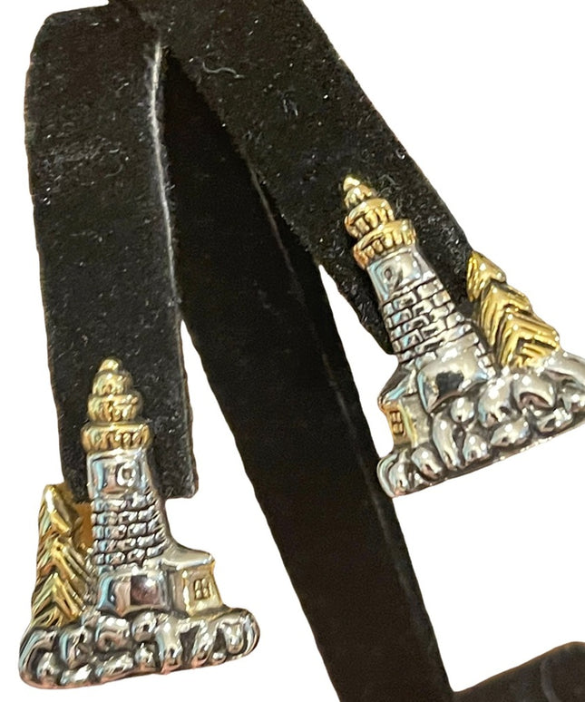 Vintage gold & silver finish lighthouse nautical sea ocean pierced earrings