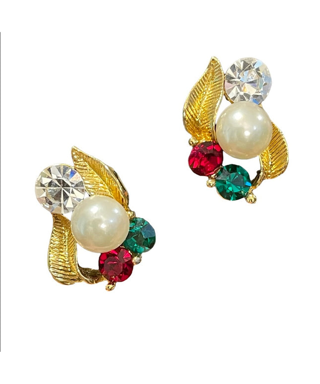 Vintage 1960s fancy multic color crystal & faux pearl gold finish leaf earrings
