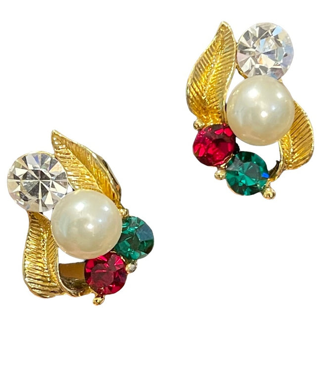 Vintage 1960s fancy multic color crystal & faux pearl gold finish leaf earrings