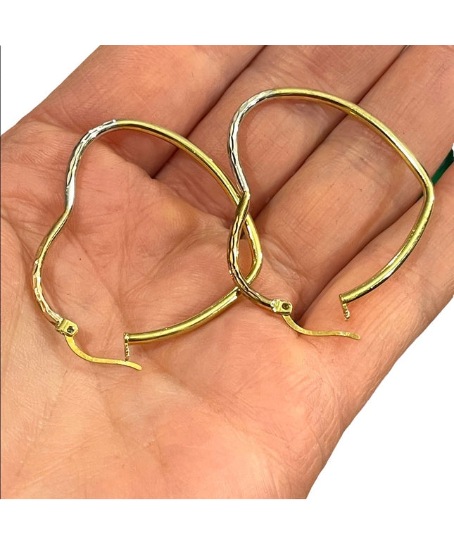 sterling silver 925 tri color gold plt heart dangle hoop earrings large